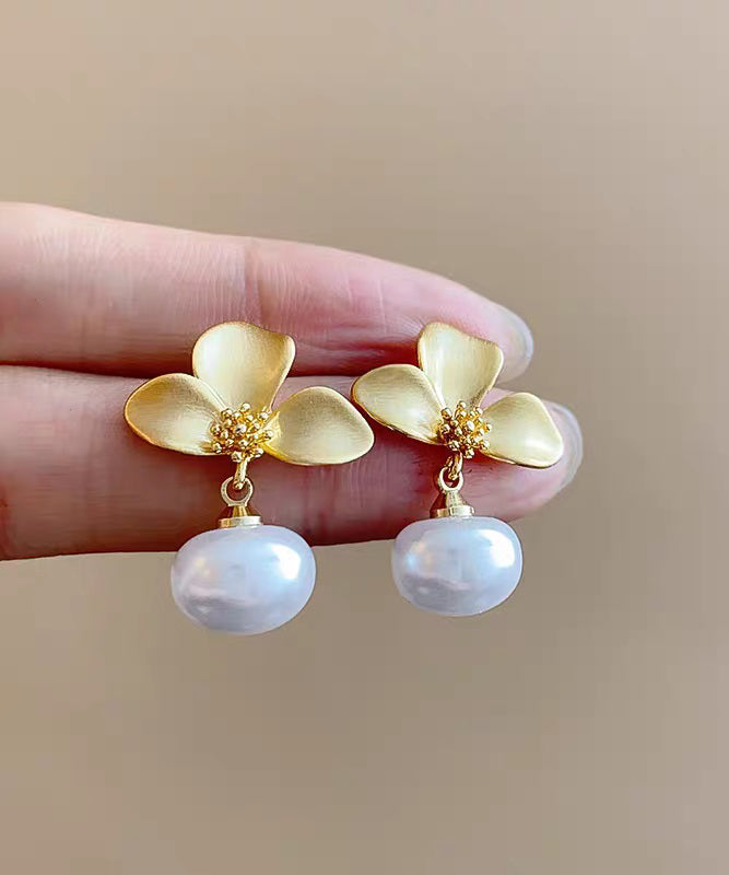 French Gold Copper Overgild Floral Pearl Drop Earrings
