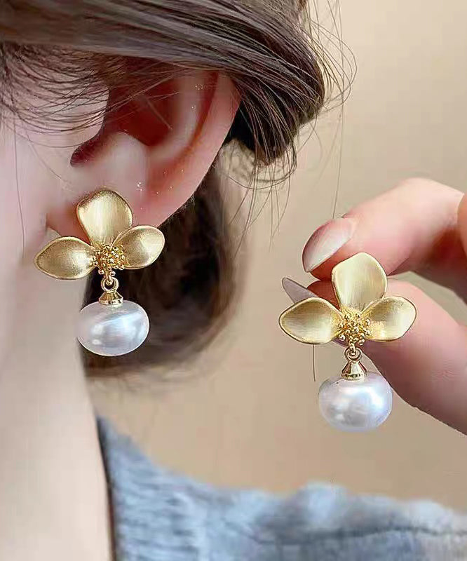 French Gold Copper Overgild Floral Pearl Drop Earrings