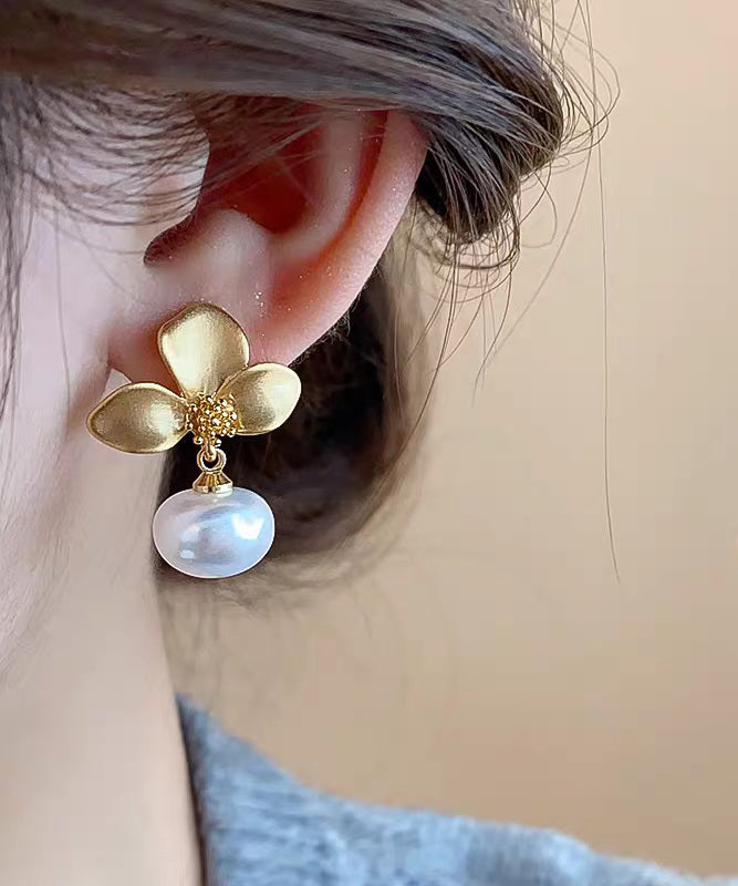 French Gold Copper Overgild Floral Pearl Drop Earrings
