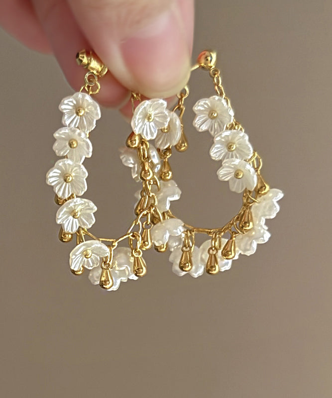 French Gold Copper Overgild Floral Tassel Hoop Earrings