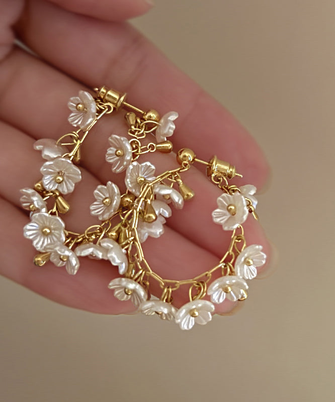 French Gold Copper Overgild Floral Tassel Hoop Earrings
