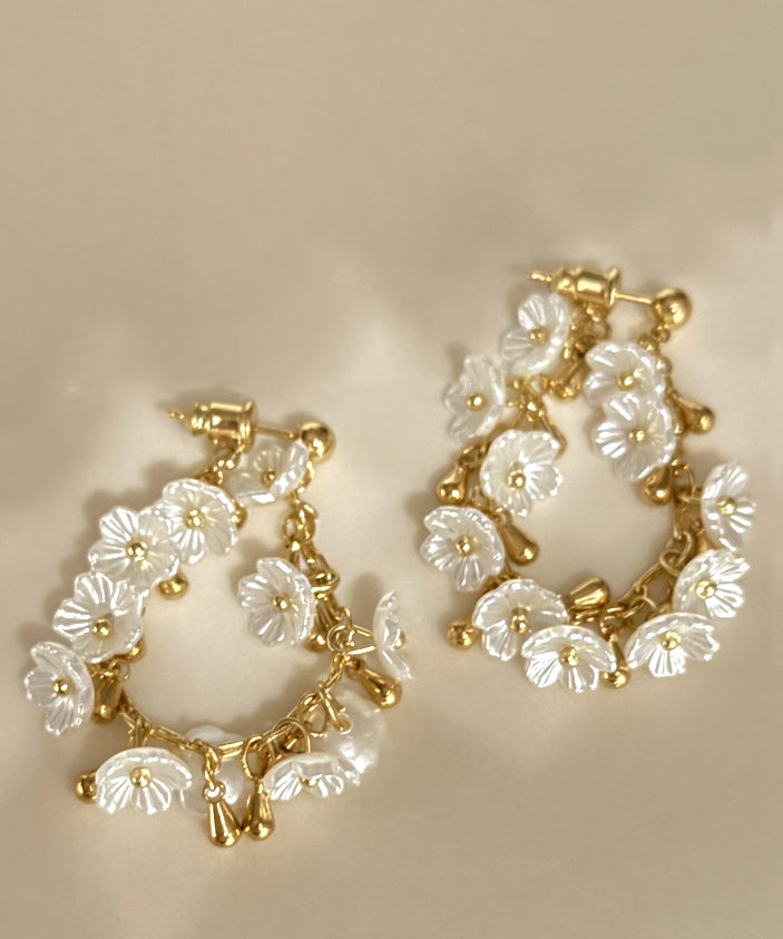French Gold Copper Overgild Floral Tassel Hoop Earrings
