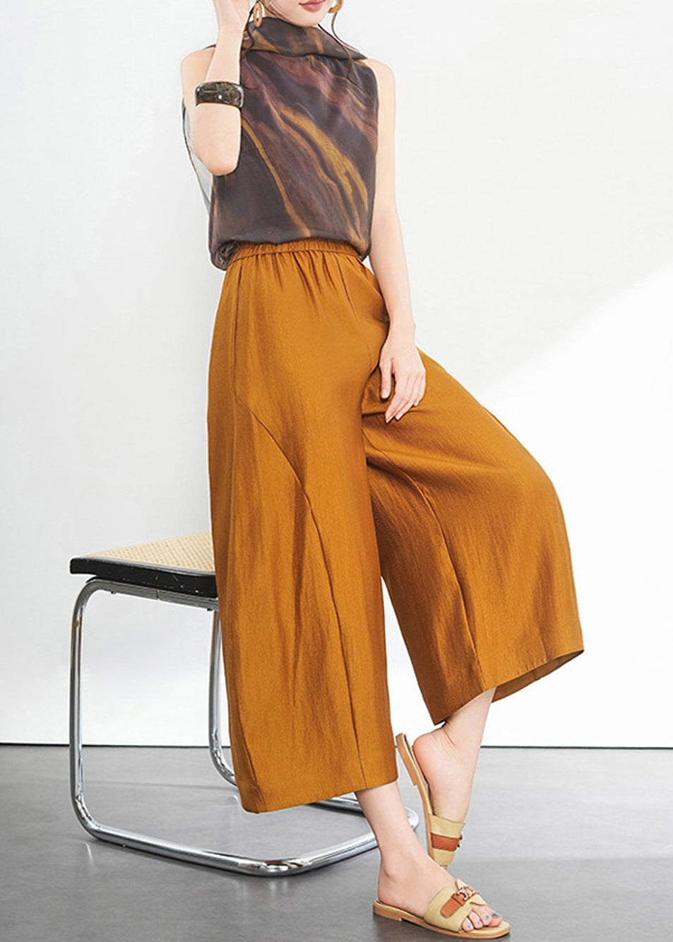 French Gold Pockets High Waist Draping Wide Leg Crop Pants Summer