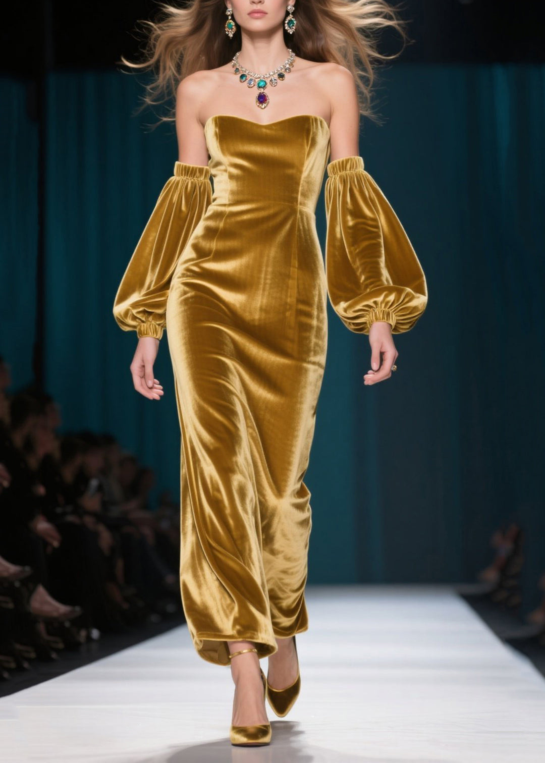 French Golden Backless Silk Velvet Dinner Dresses Lantern Sleeve