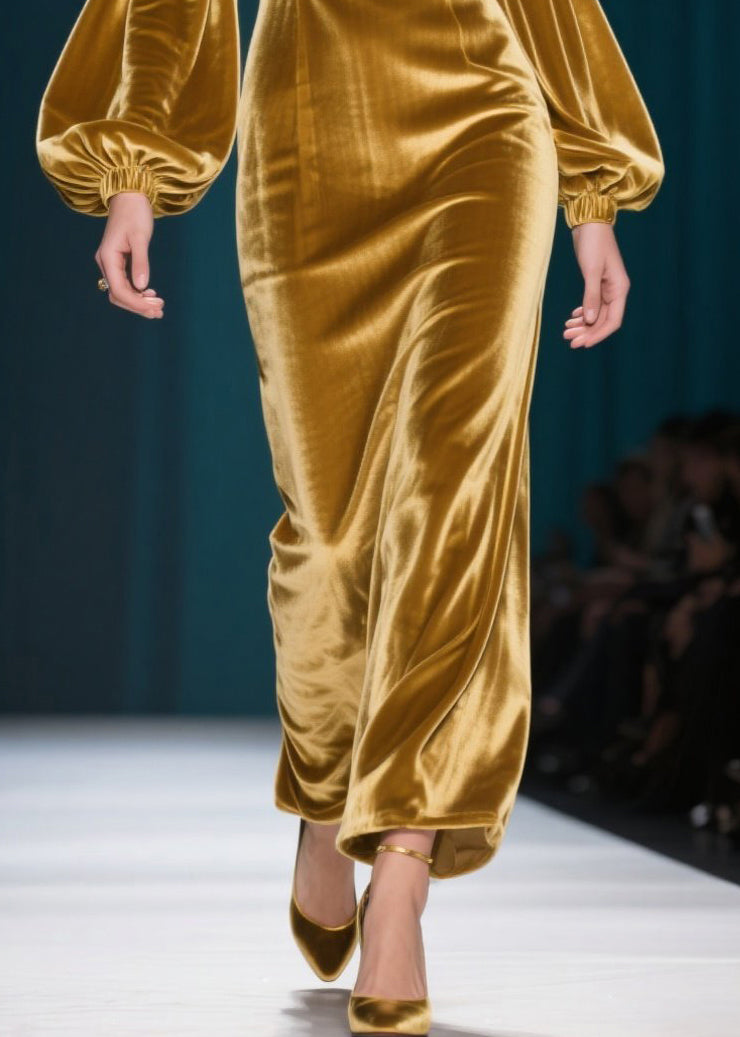 French Golden Backless Silk Velvet Dinner Dresses Lantern Sleeve