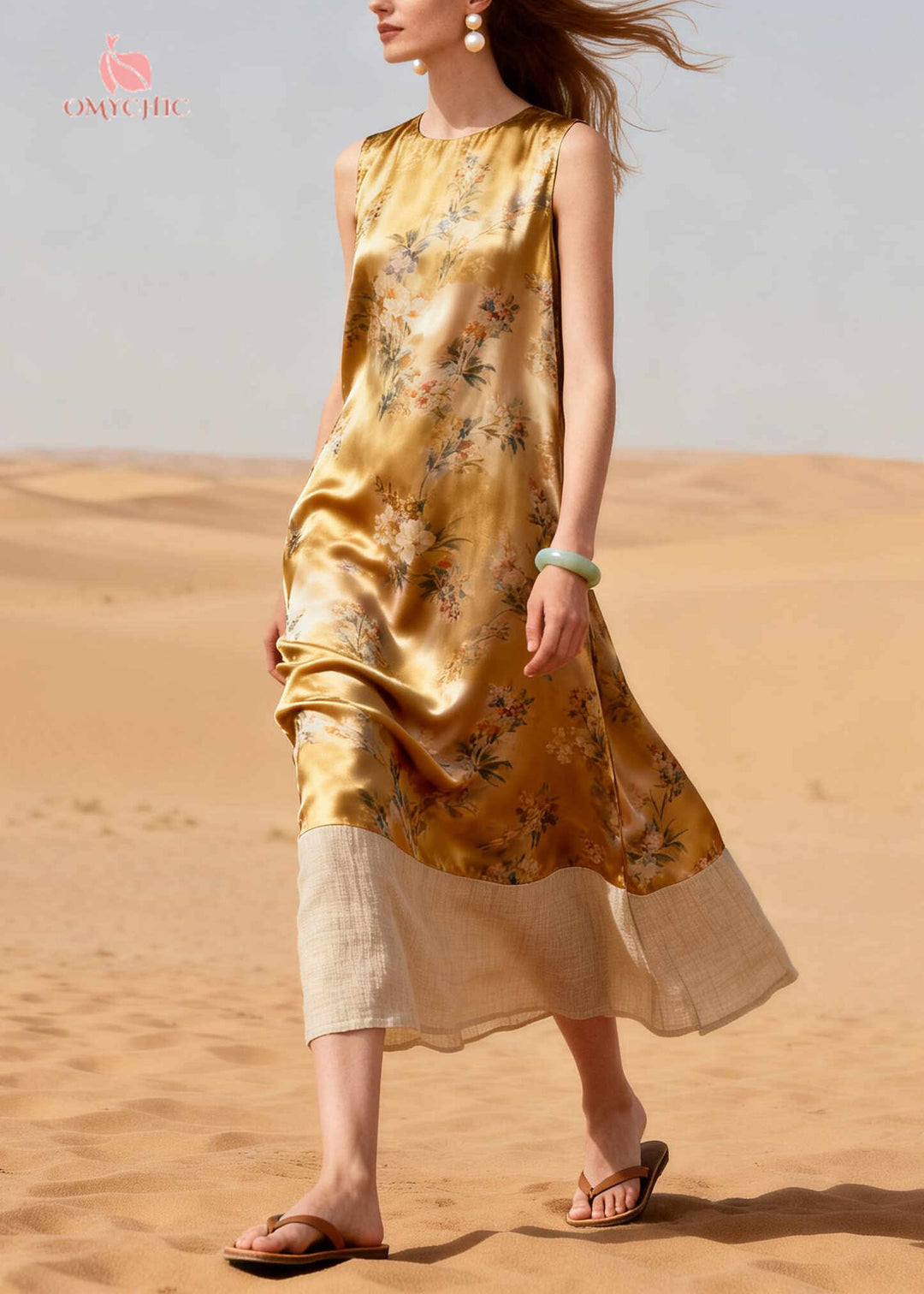French Golden Print Patchwork Silk A Line Dresses Summer