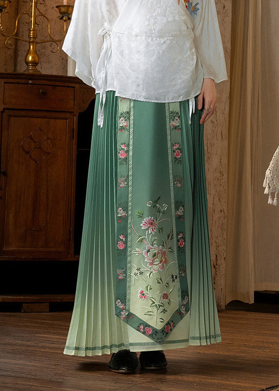 French Gradient Green Print Silk Pleated Skirts Summer