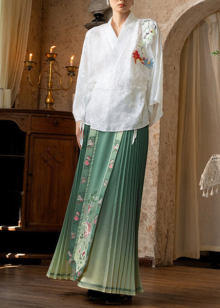 French Gradient Green Print Silk Pleated Skirts Summer