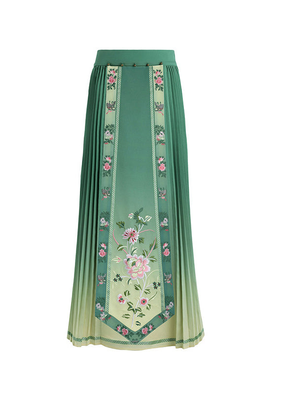 French Gradient Green Print Silk Pleated Skirts Summer