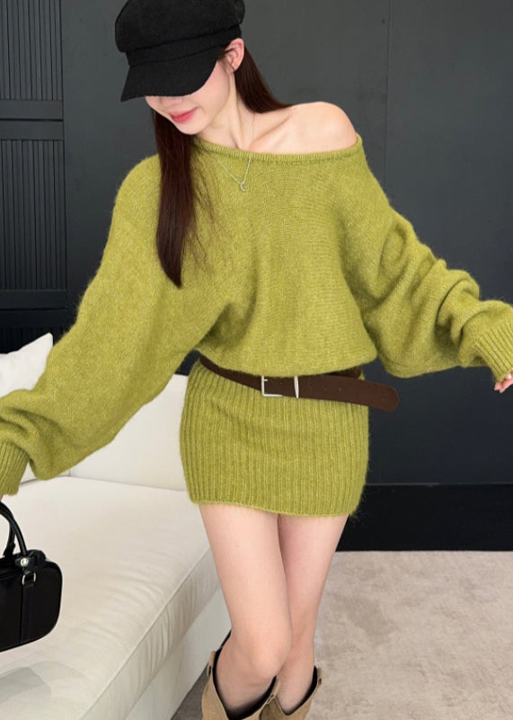 French Grass Green Cold Shoulder Wraped Knitwear Dress Spring