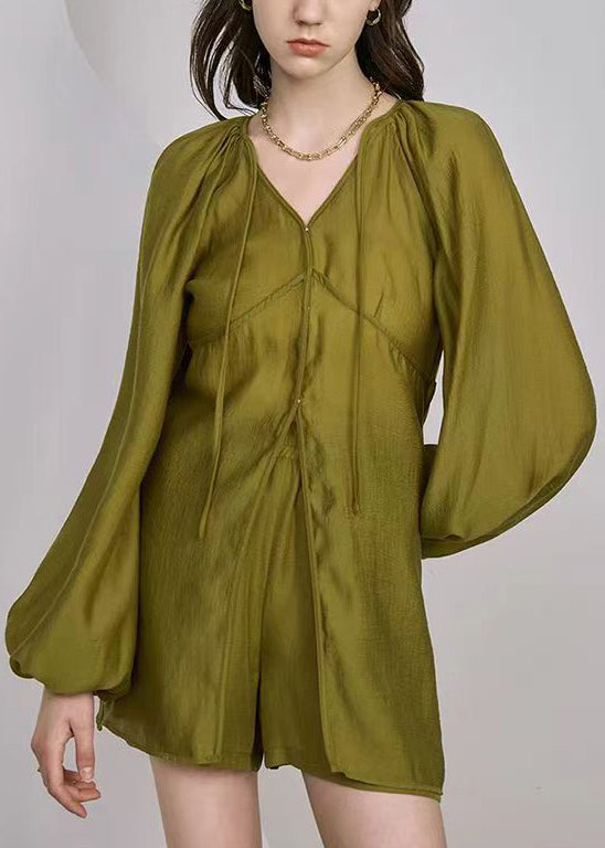 French Grass Green Lace Up Pockets Silk Two Piece Set Long Sleeve