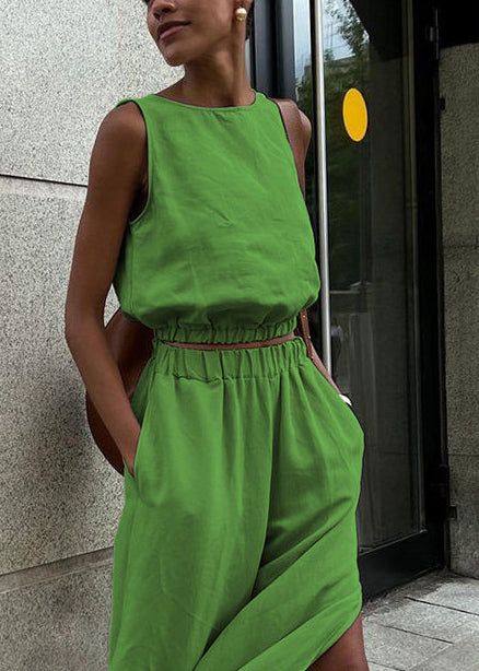 French Grass Green O-Neck Side Open Linen Two-Piece Set Sleeveless