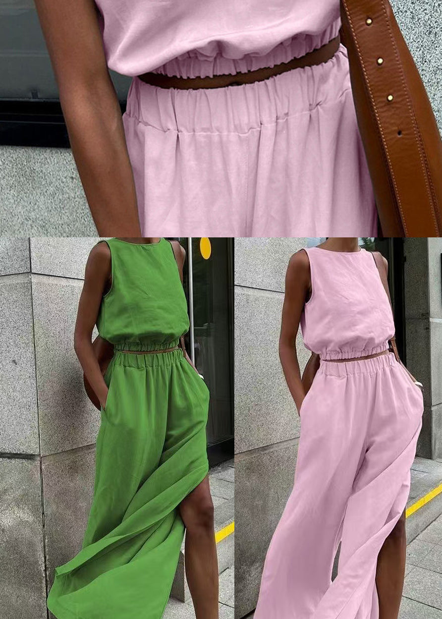French Grass Green O-Neck Side Open Linen Two-Piece Set Sleeveless