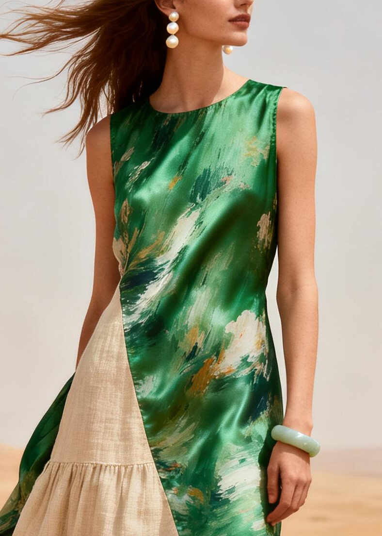 French Green Asymmetrical Patchwork Linen Silk Dress Summer
