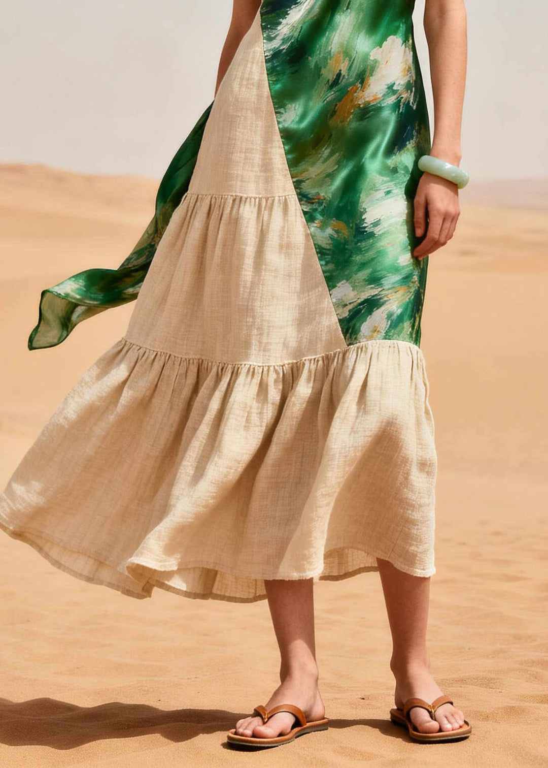 French Green Asymmetrical Patchwork Linen Silk Dress Summer
