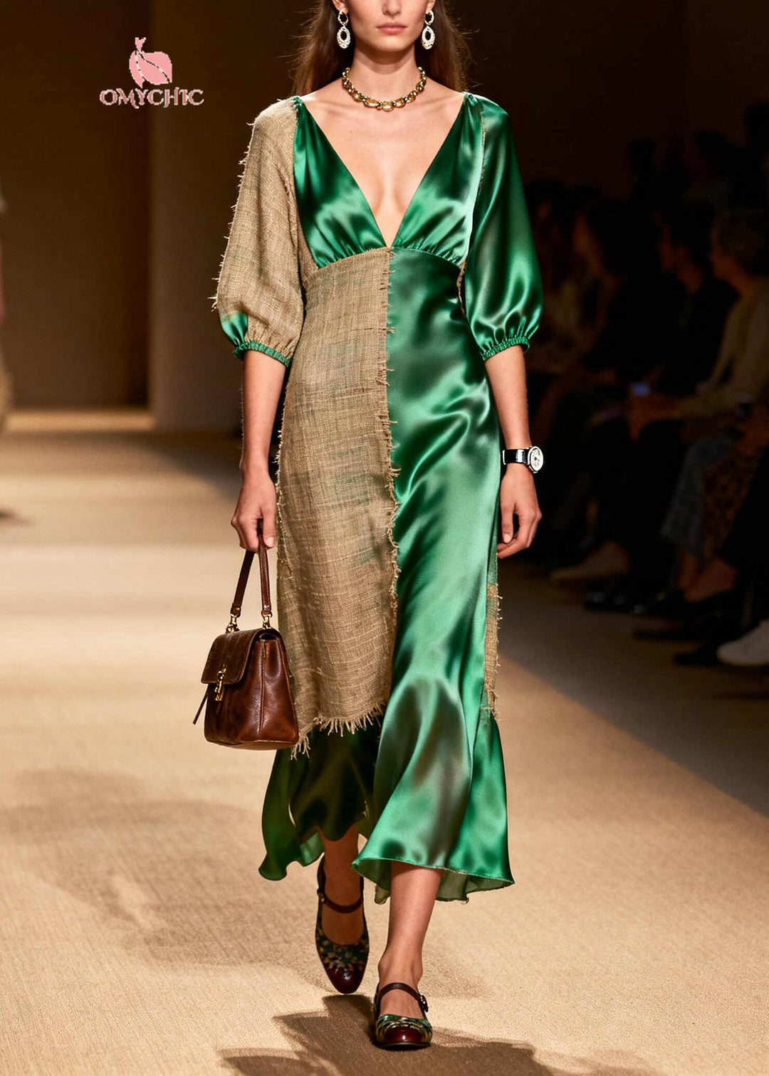 French Green Asymmetrical Patchwork Linen Silk Maxi Dress Summer