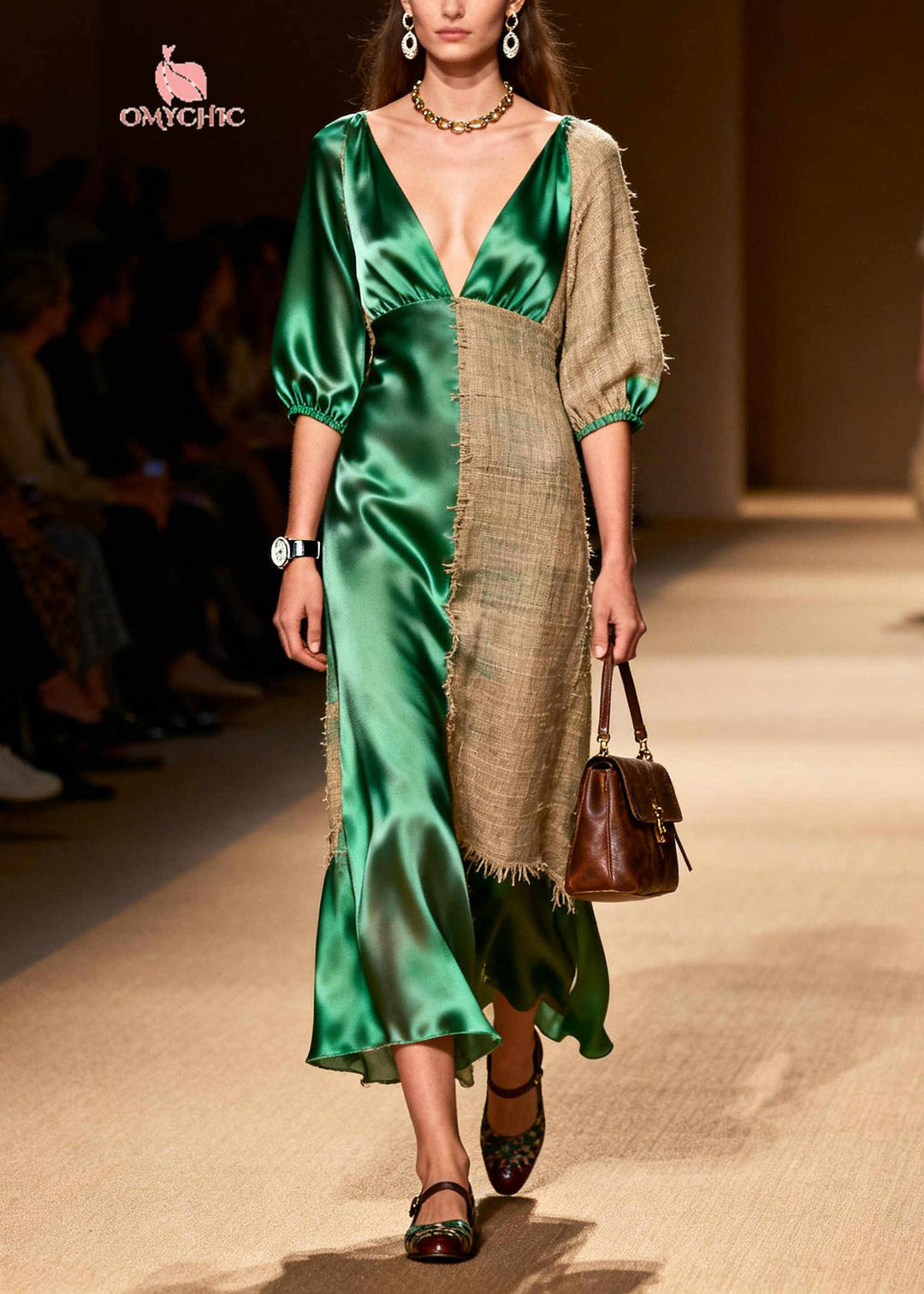French Green Asymmetrical Patchwork Linen Silk Maxi Dress Summer