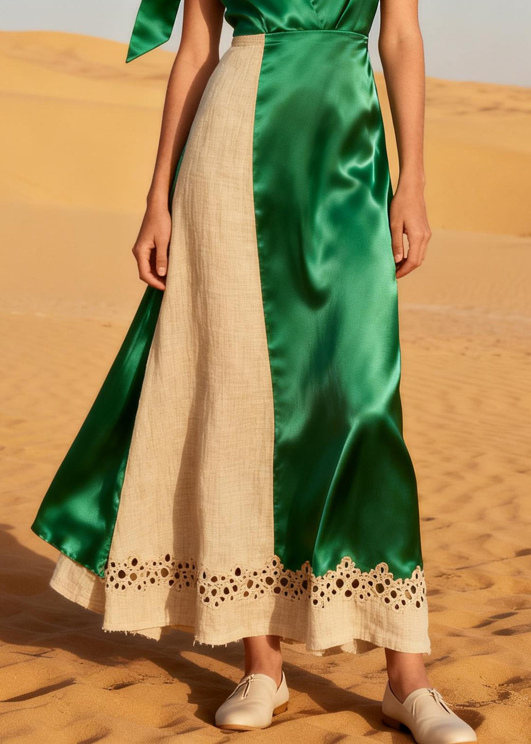French Green Asymmetrical Patchwork Linen Silk Vacation Dress Summer