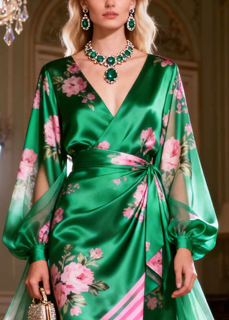 French Green Asymmetrical Print Silk Maxi Dress Summer