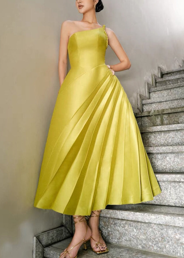 French Green Asymmetrical Solid Silk Long Dress Sleeveless