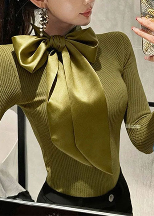 French Green Bow Patchwork Slim Fit Knit Sweaters Fall
