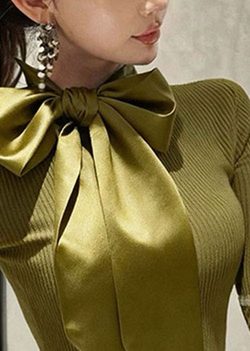 French Green Bow Patchwork Slim Fit Knit Sweaters Fall