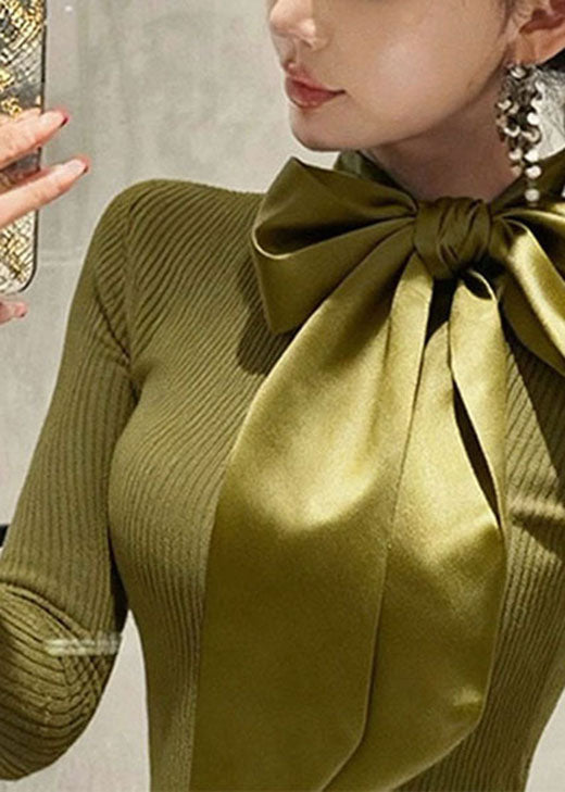 French Green Bow Patchwork Slim Fit Knit Sweaters Fall