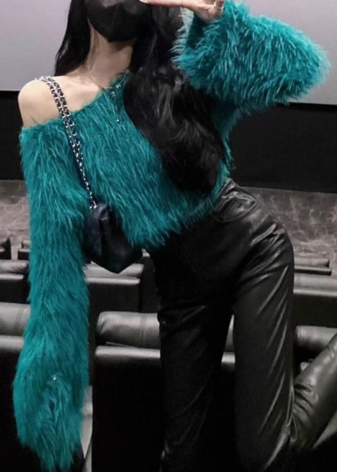 French Green Cold Shoulder Mink Hair Knitted Sweaters Spring