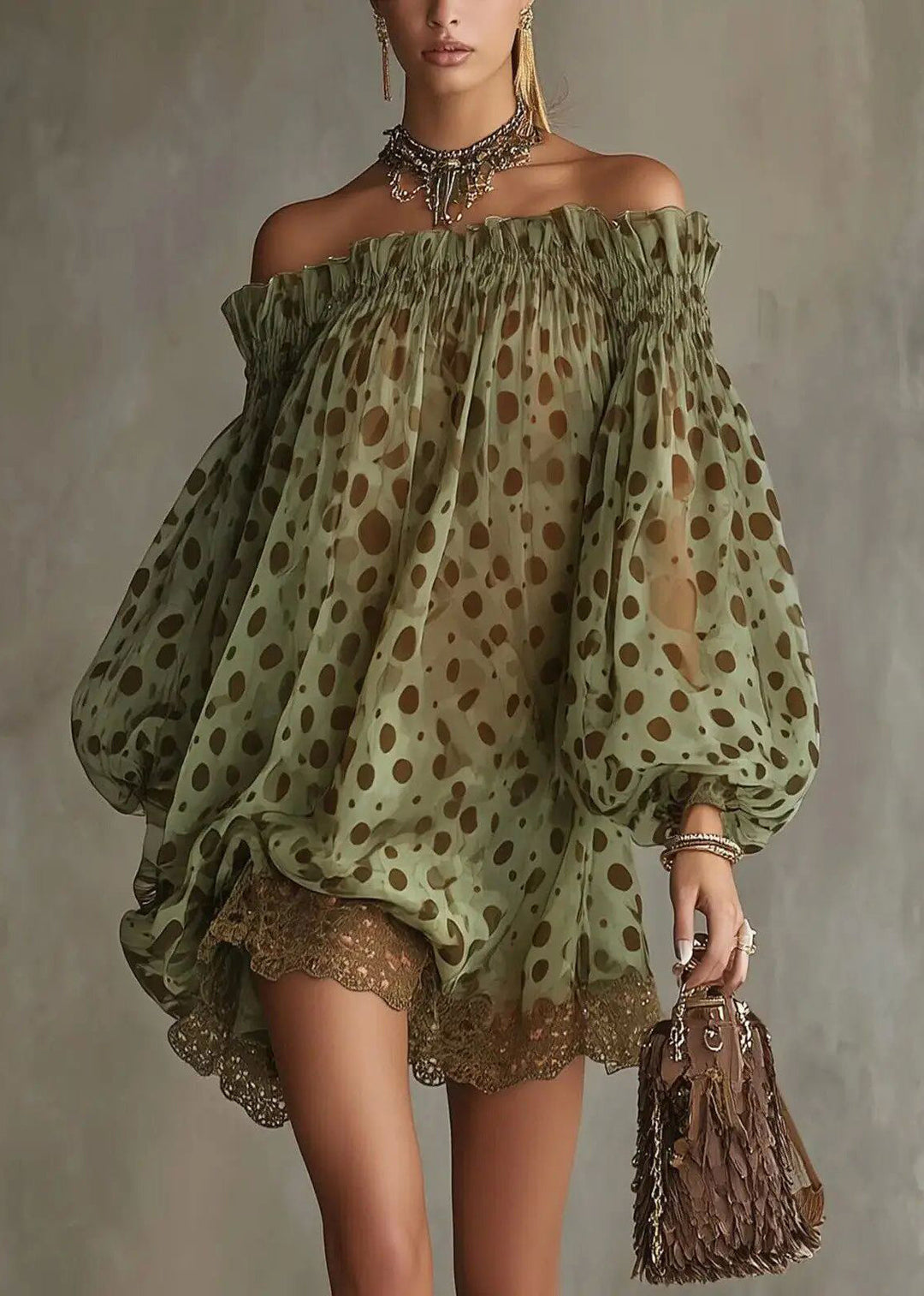 French Green Dot Slash Neck Patchwork Lace Shift Dress Puff Sleeve