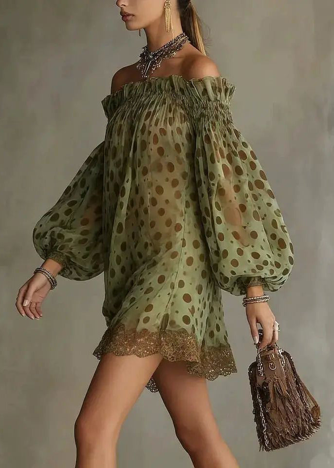 French Green Dot Slash Neck Patchwork Lace Shift Dress Puff Sleeve