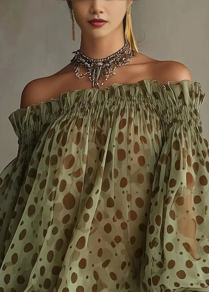 French Green Dot Slash Neck Patchwork Lace Shift Dress Puff Sleeve
