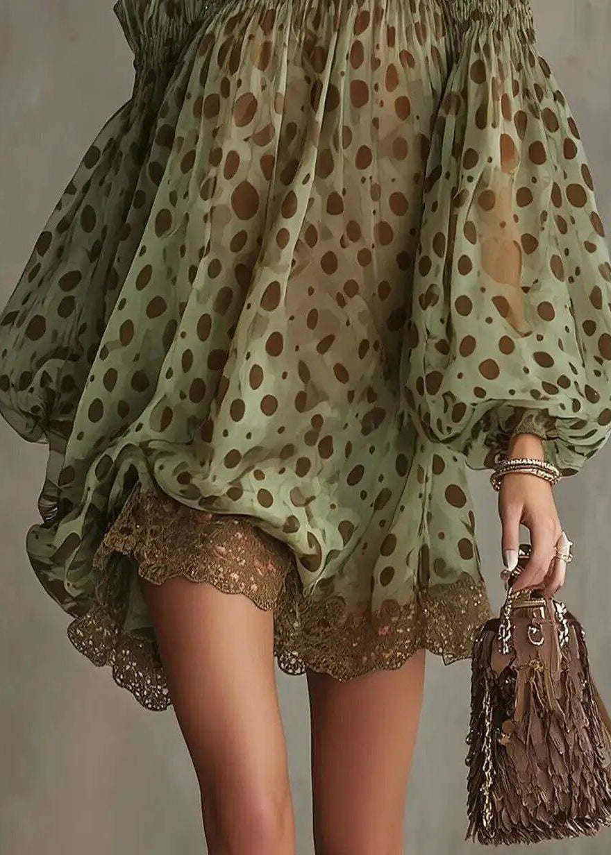 French Green Dot Slash Neck Patchwork Lace Shift Dress Puff Sleeve