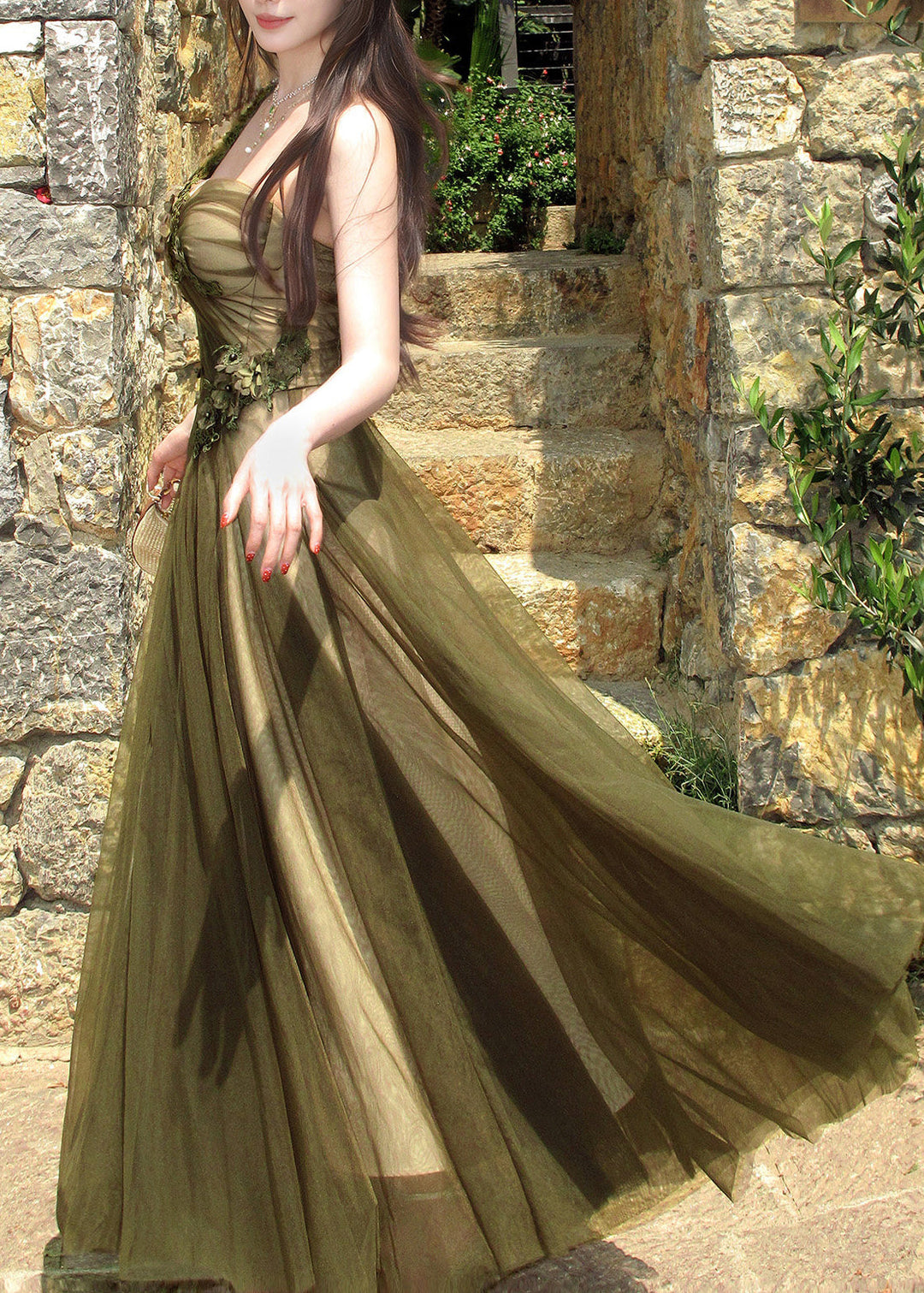 French Green Floral Patchwork Tulle Long Spaghetti Strap Dress Sleeveless
