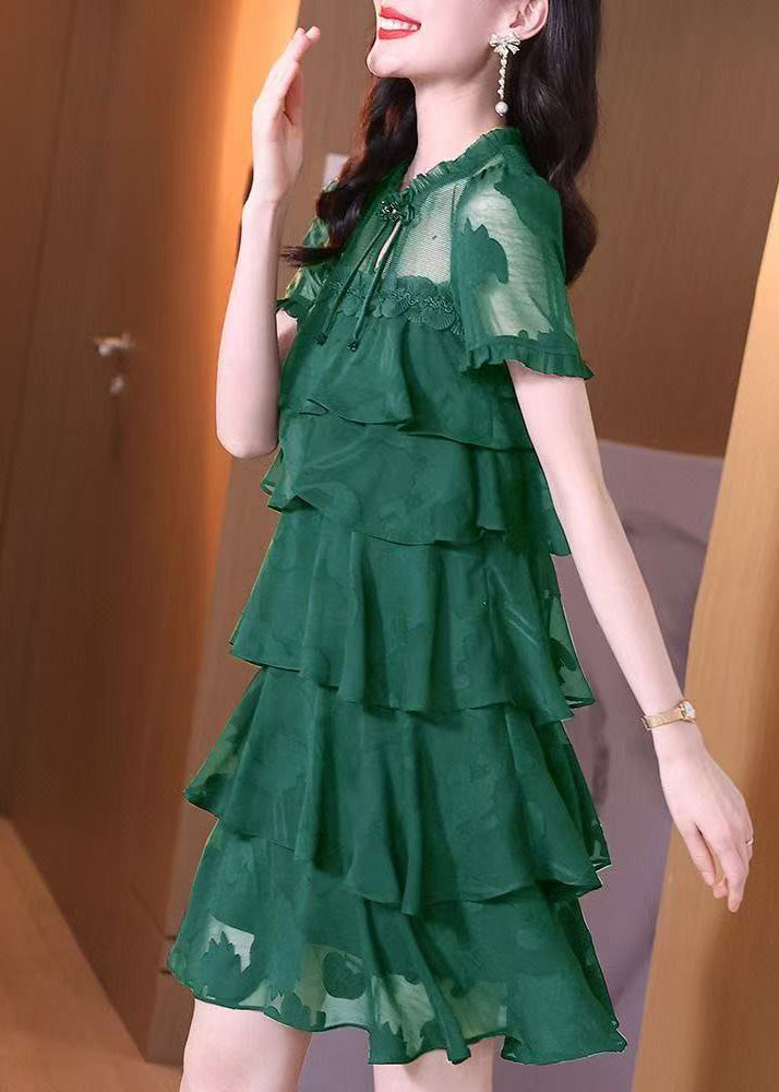 French Green Layered Ruffled Patchwork Chiffon Dresses Summer
