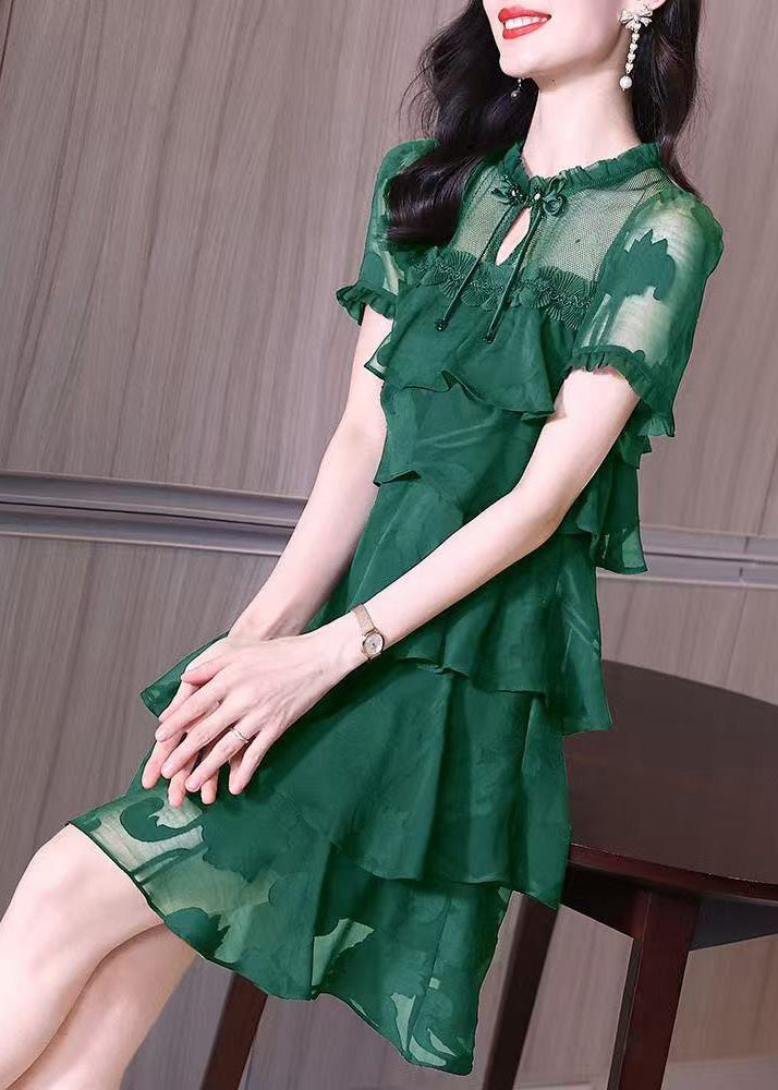French Green Layered Ruffled Patchwork Chiffon Dresses Summer
