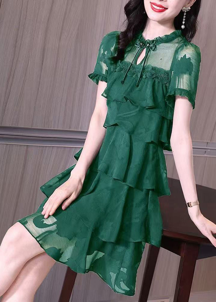 French Green Layered Ruffled Patchwork Chiffon Dresses Summer