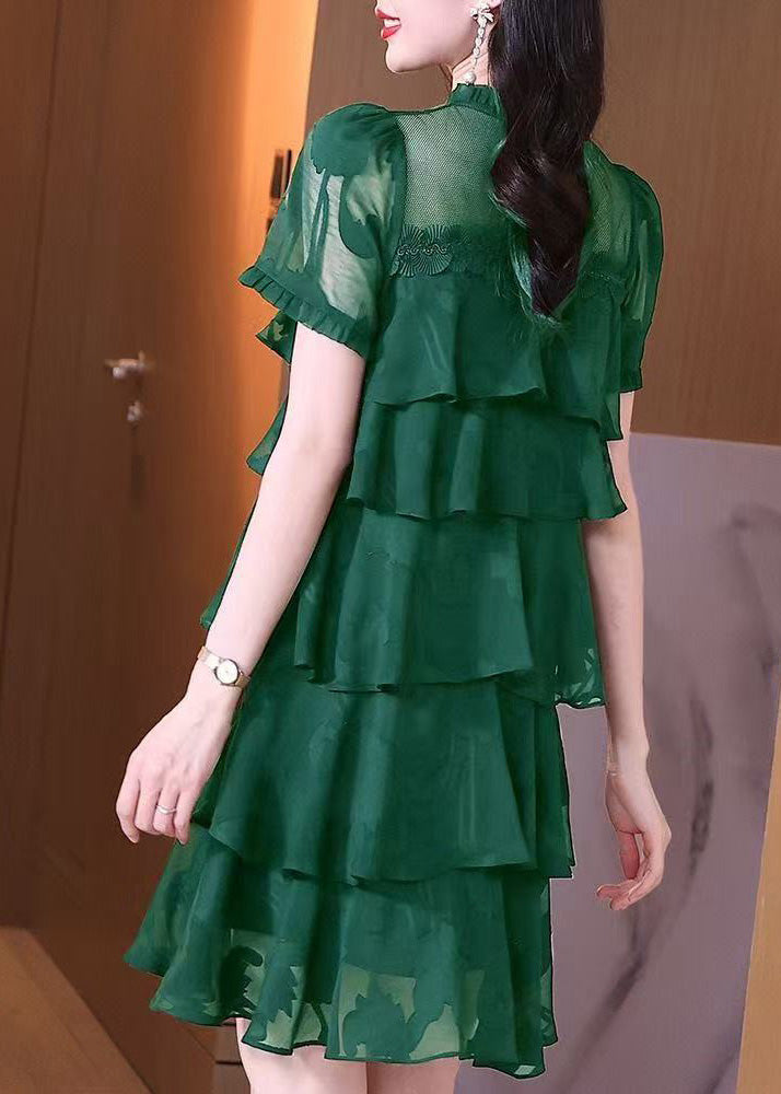 French Green Layered Ruffled Patchwork Chiffon Dresses Summer
