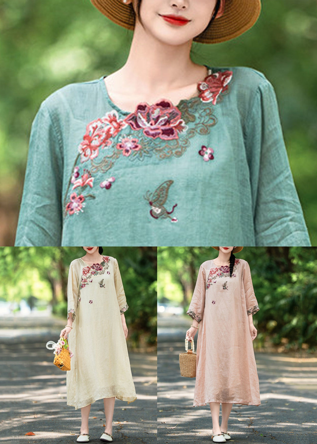 French Green O Neck Embroidered Side Open Linen Dress Bracelet Sleeve