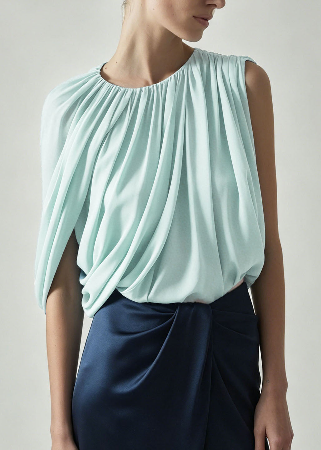 French Green O Neck Wrinkled Chiffon Top Summer