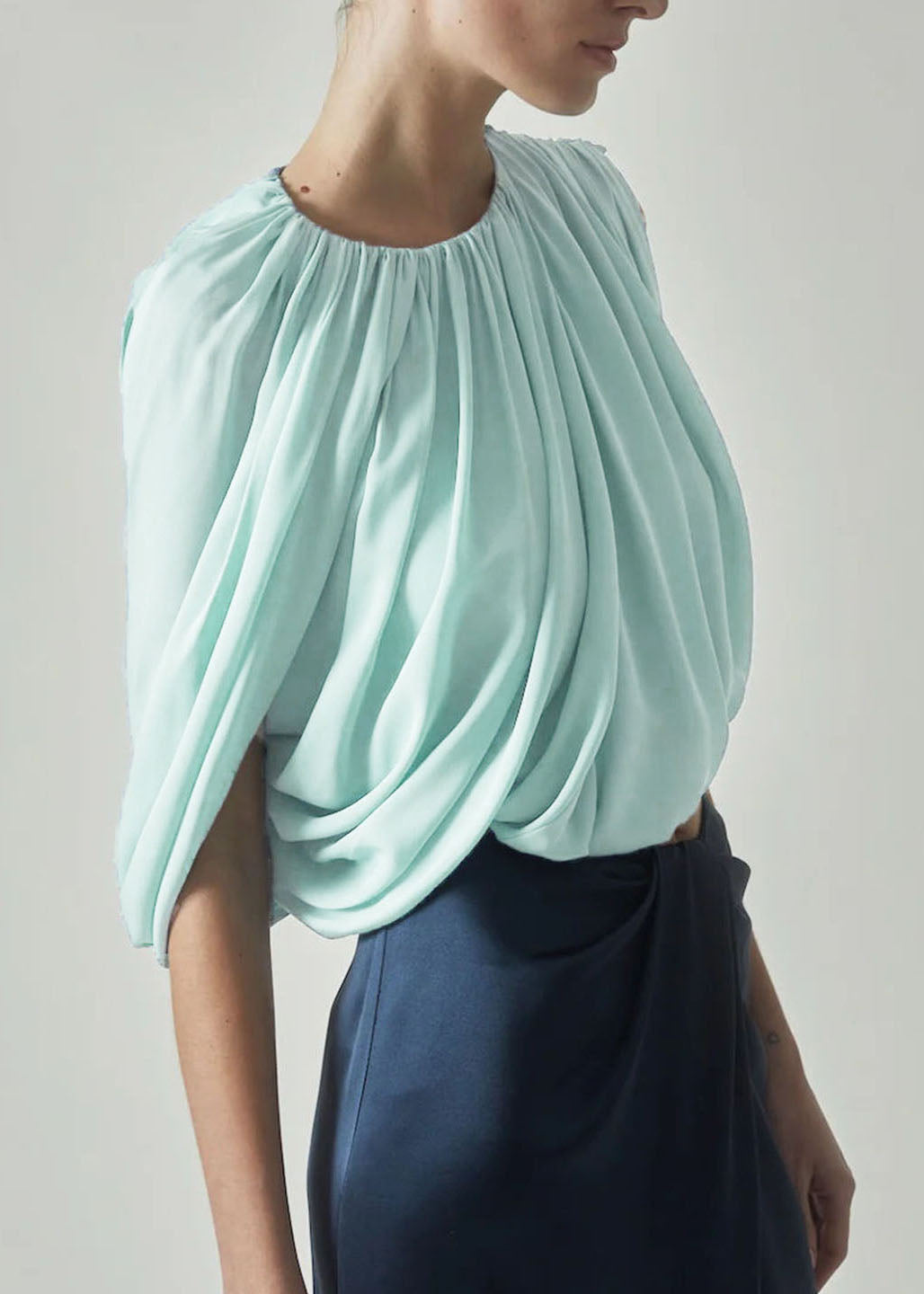 French Green O Neck Wrinkled Chiffon Top Summer
