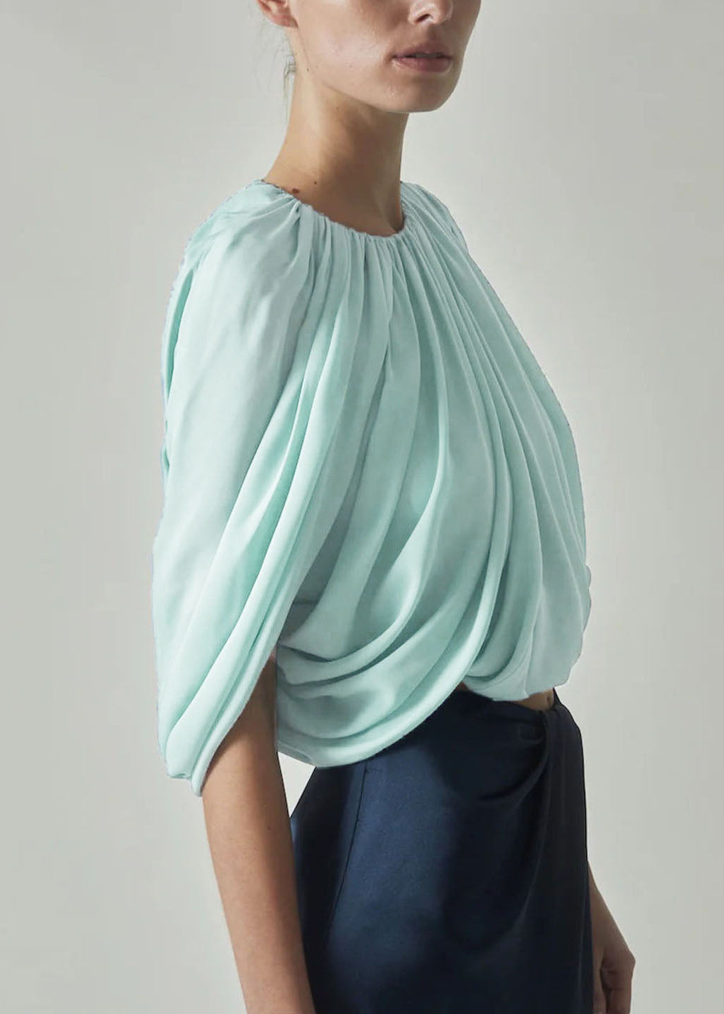 French Green O Neck Wrinkled Chiffon Top Summer