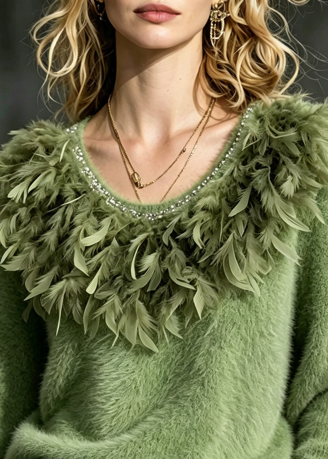 French Green Oversized Feathers Knit Sweater Tops Winter