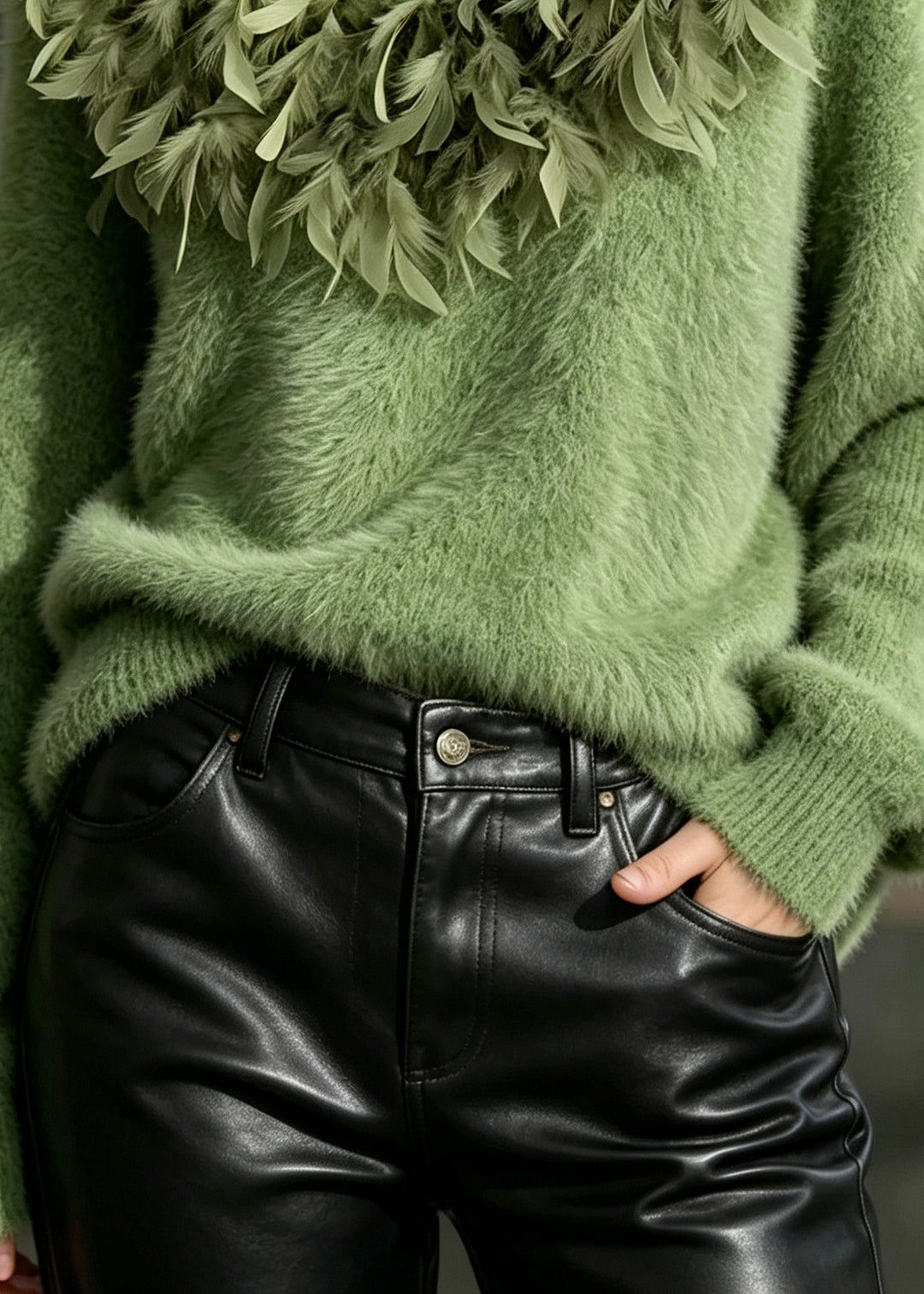 French Green Oversized Feathers Knit Sweater Tops Winter