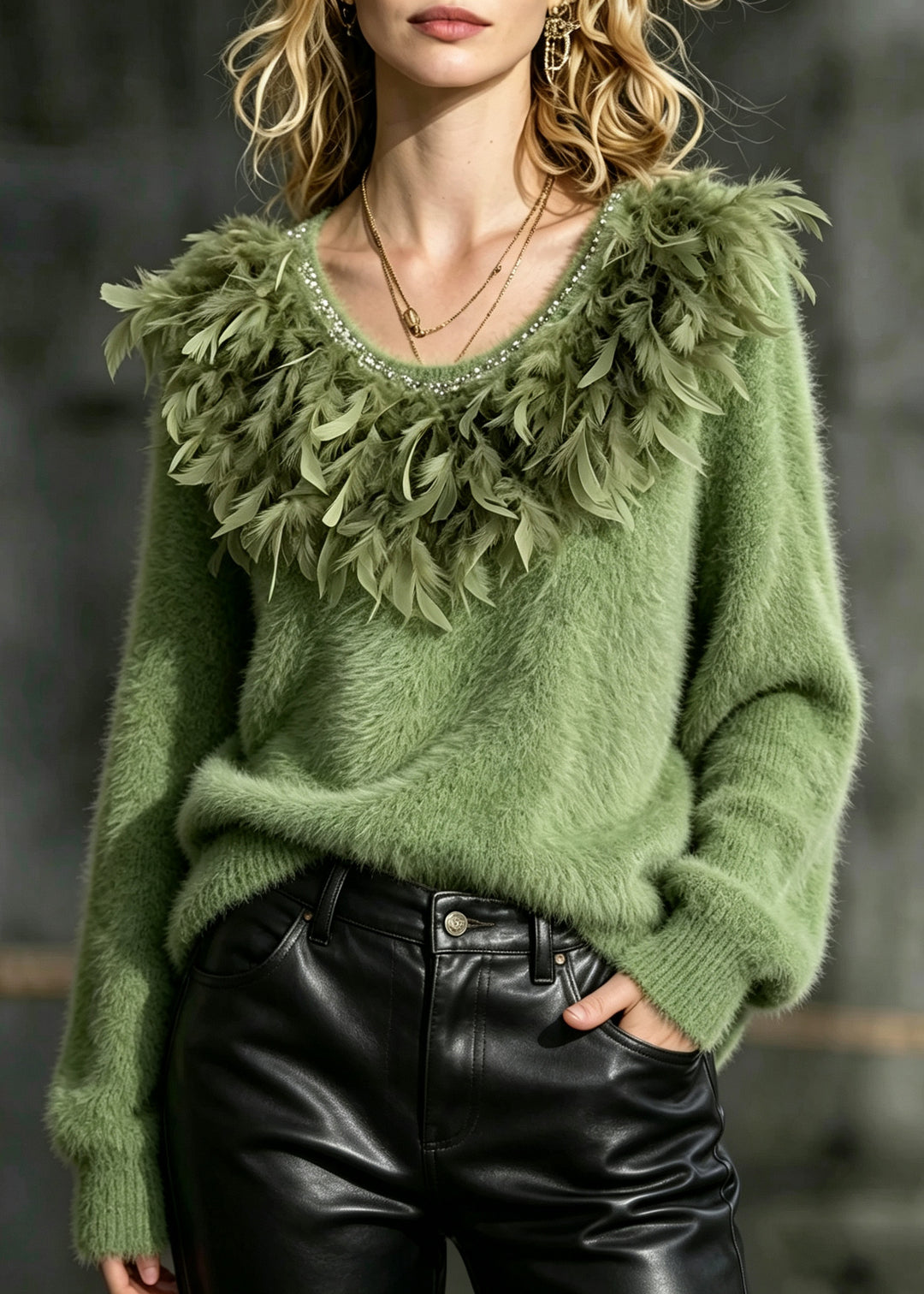 French Green Oversized Feathers Knit Sweater Tops Winter