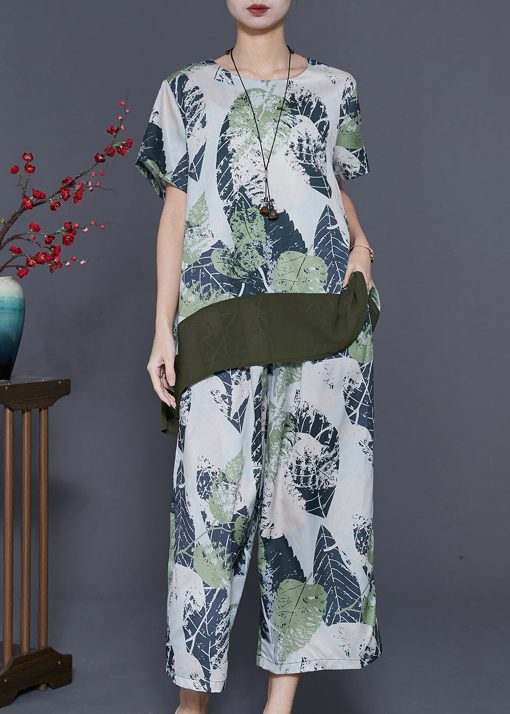 French Green Oversized Patchwork Print Linen Two Pieces Set Summer