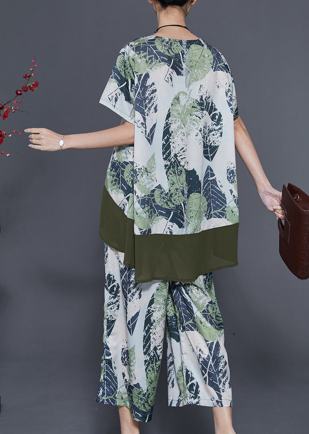 French Green Oversized Patchwork Print Linen Two Pieces Set Summer