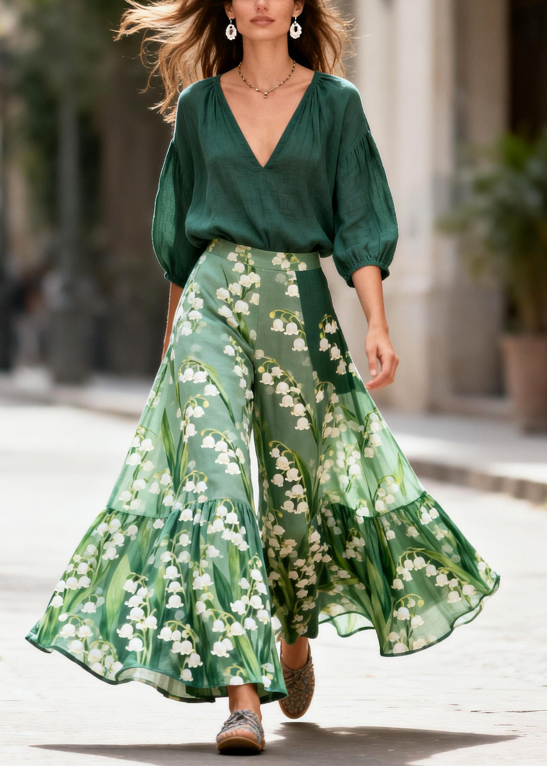 French Green Oversized Print Cotton Two Pieces Set Summer