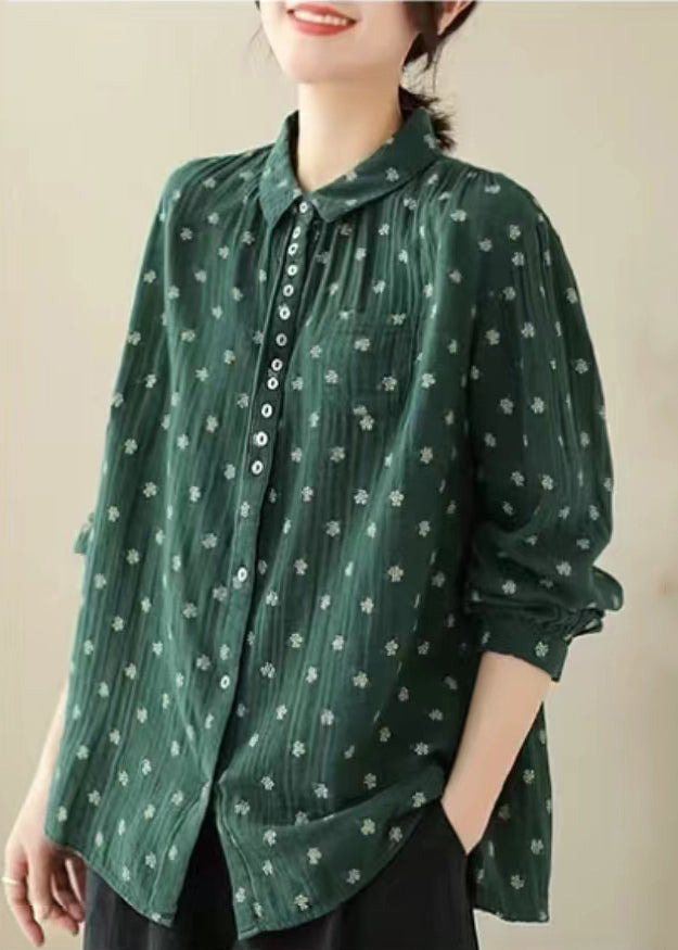 French Green Peter Pan Collar Button Cotton Top Spring