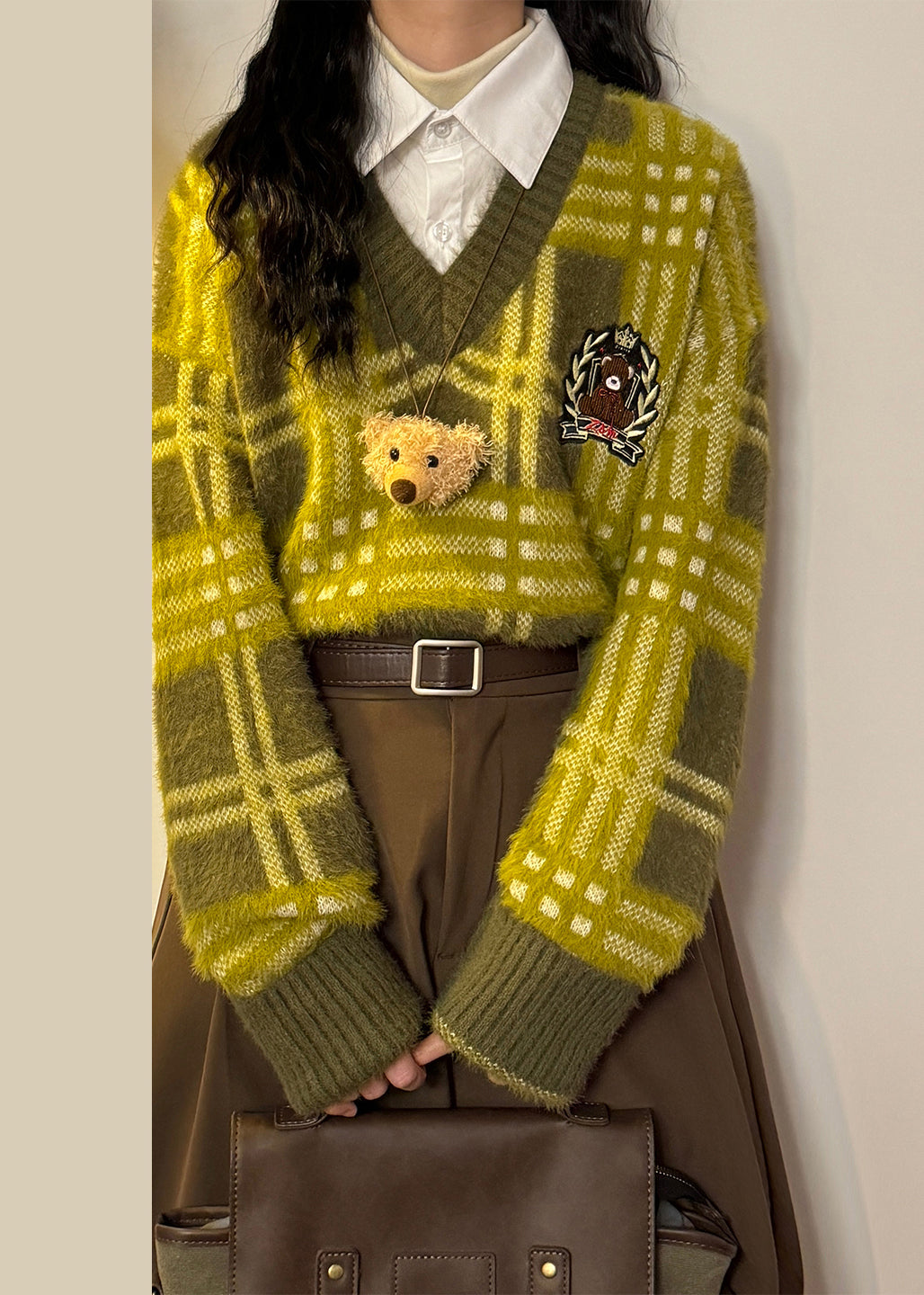 French Green Peter Pan Collar Plaid False Two Pieces Knit Sweater Spring