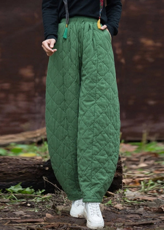 French Green Plaid Pockets Cotton Filled Pants Winter